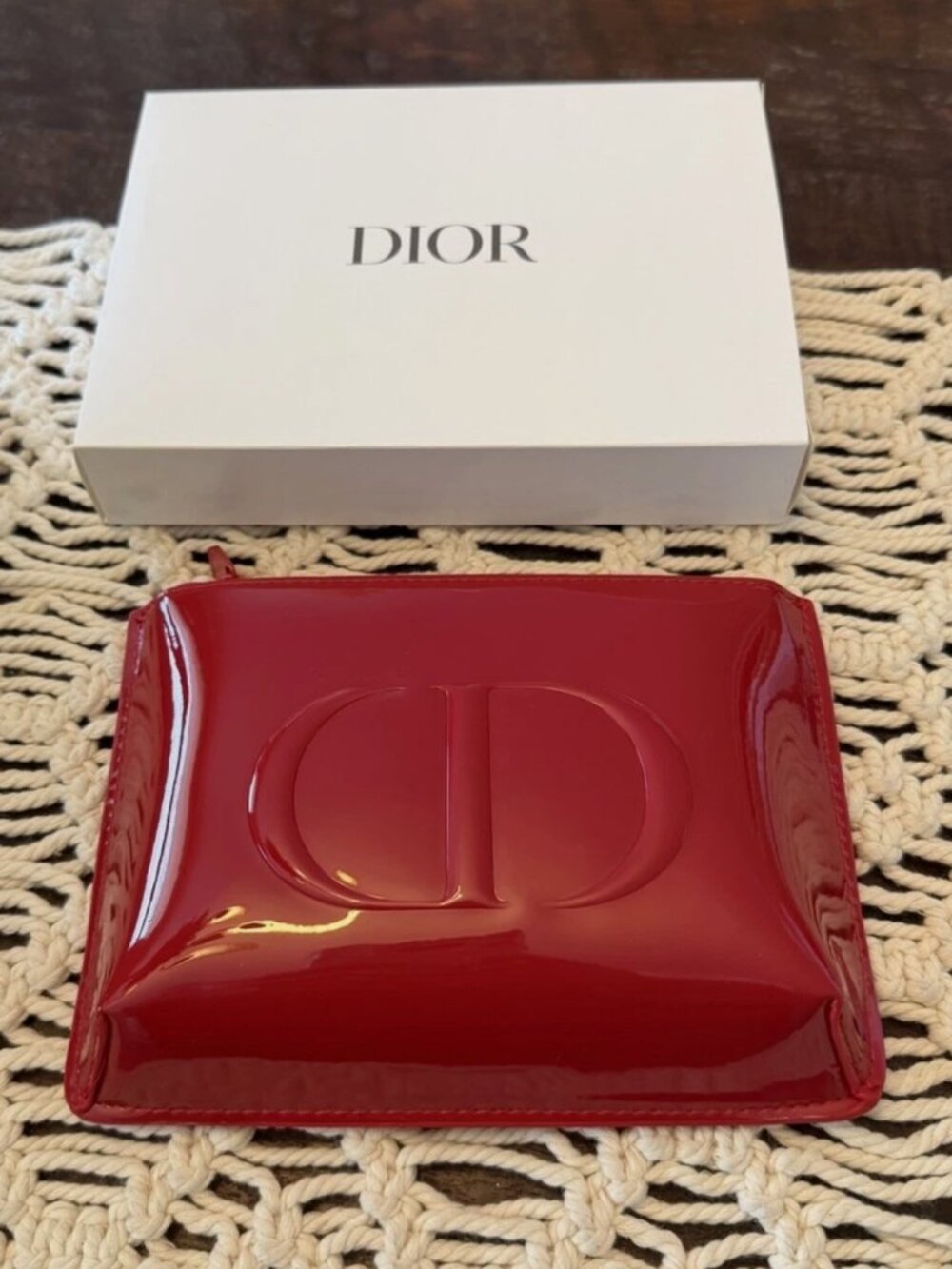 Dior Red Patent Makeup Bag CD Logo Cosmetic Pouch w/ Box NEW